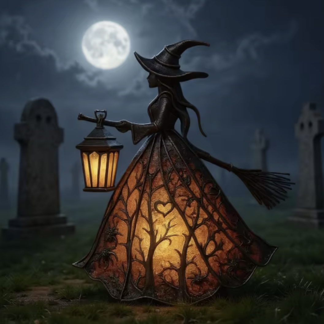 Dunkle Hexen-Lampe im Licht des Vollmonds mit warm leuchtendem Kleid