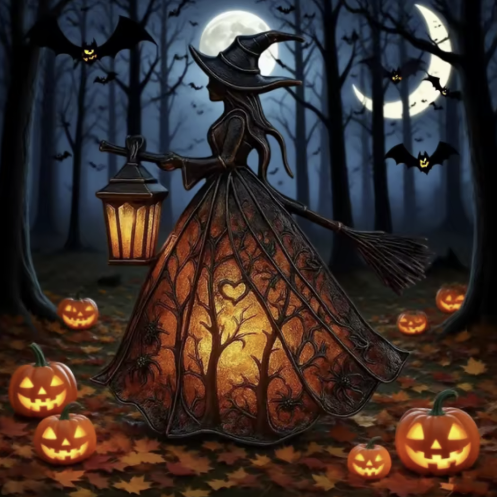 Dunkle Hexen-Lampe in herbstlicher Mondscheinszene zwischen Laub und leuchtenden Kürbissen