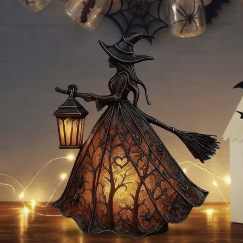 Detailansicht der Hexen-Lampe mit filigranem Astmuster, Herz und Spinnenmotiven vor warmer Lichterkette