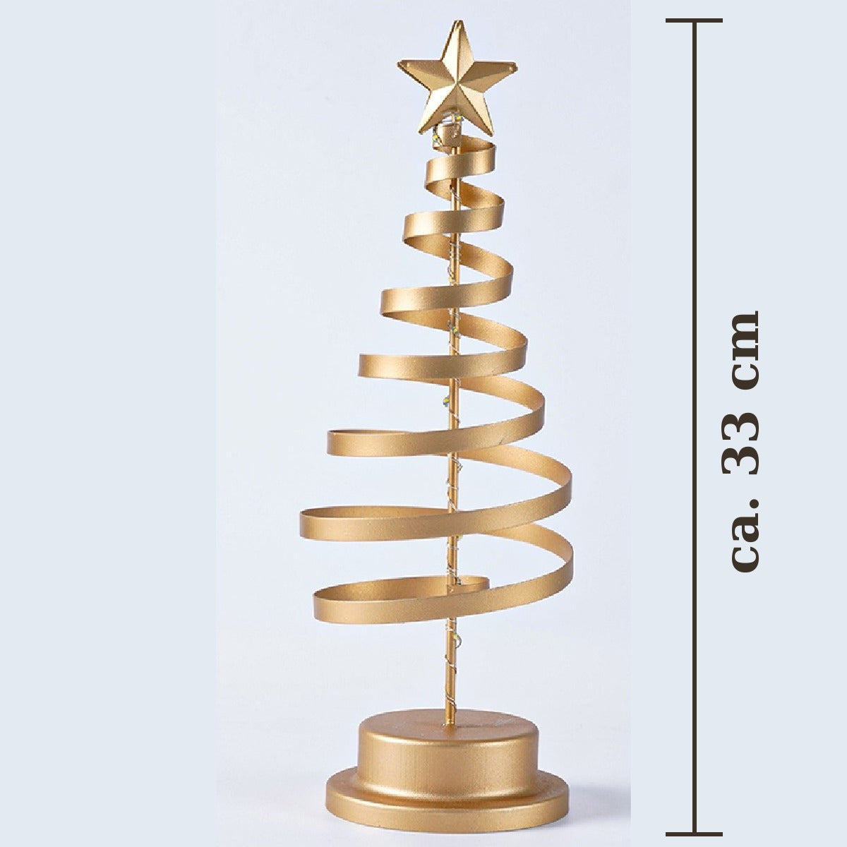 Goldene Spiralbaum-Lampe mit Größenangabe, ca. 33 cm hoch